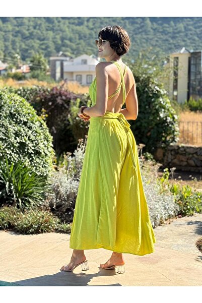 Punta Otantik Pt25071 Shoulder Tie Waist Belted Backless Coton Dress Pistachio