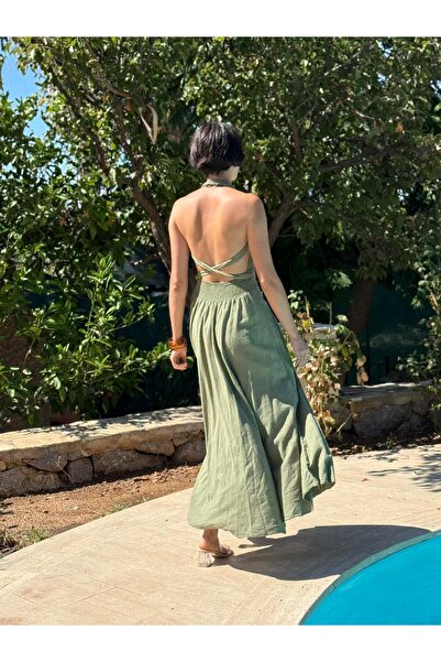 Punta Otantik Pt25071 Shoulder Tie Waist Belted Backless Cotton Dress Khaki