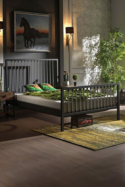 Unimet Breeze Çift Kişilik Ferforje Metal Karyola (SİYAH-GRİ) (AHŞAP LATALI)