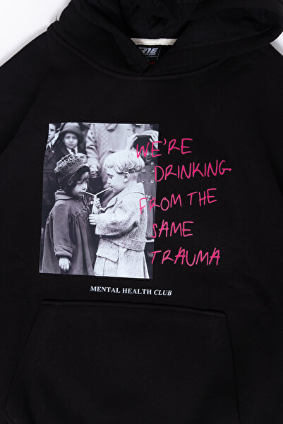 Sekizbiraltı Μαύρο φούτερ με κουκούλα με στάμπα τραύματος, μεγάλου μεγέθους, unisex