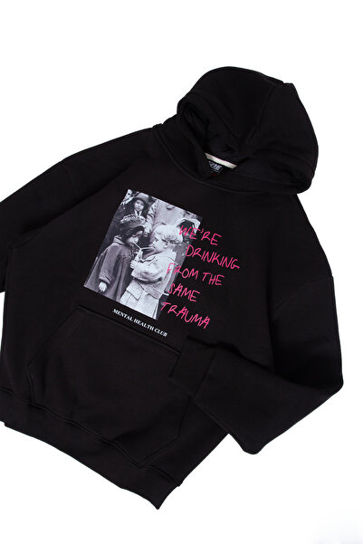 Sekizbiraltı Μαύρο φούτερ με κουκούλα με στάμπα τραύματος, μεγάλου μεγέθους, unisex