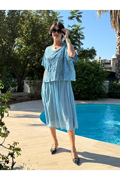 Punta Otantik YG5291 İtalyan File Detay Coton Elbise Mavi