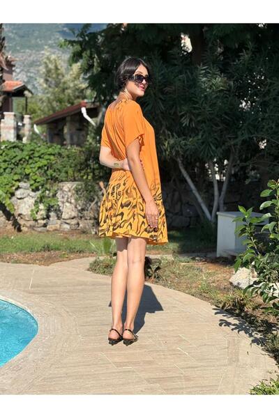 Punta Otantik Nc10526 Italian Collar Elastic Leopard Coton Dress Orange