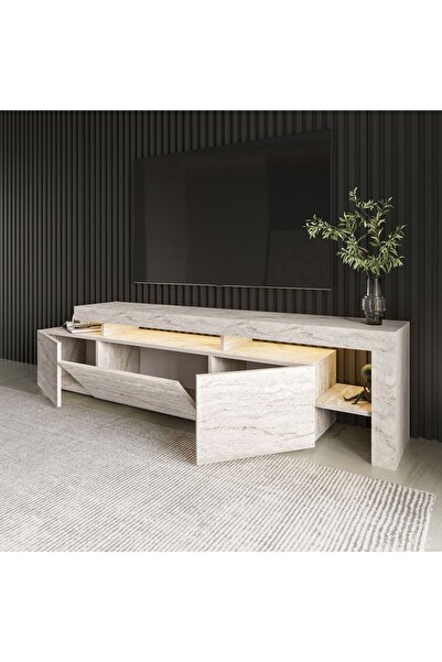 İNARCH DİZAYN Beliz Modern LED Işıklı 3 Kapaklı, Raflı TV Sehpası – 192 cm - Traverten