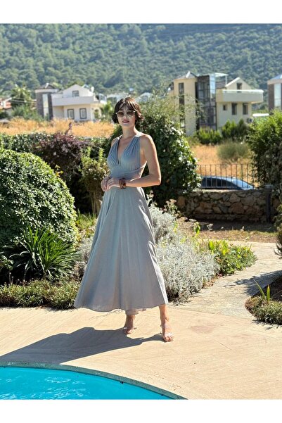 Punta Otantik Pt25071 Shoulder Tie Waist Belted Backless Coton Dress Gray