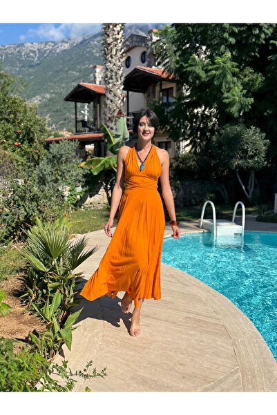 Punta Otantik Pt25071 Shoulder Tie Waist Belted Backless Cotton Dress Orange