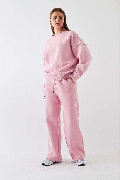 The Champ Clothing Unisex Oversize Φούτερ Σετ Βασικό Ροζ – Λαιμόκοψη, Φαρδιά Πόδια, Φλις με 3 Κλωστές