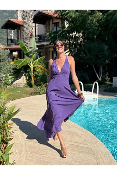 Punta Otantik Pt25071 Shoulder Tie Waist Belted Backless Coton Dress Purple