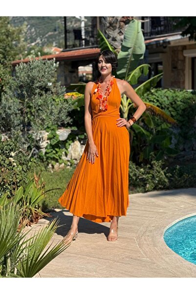 Punta Otantik Pt25071 Shoulder Tie Waist Belted Backless Cotton Dress Orange