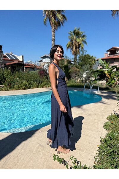 Punta Otantik Pt25071 Shoulder Tie Waist Belted Backless Coton Dress Navy Blue