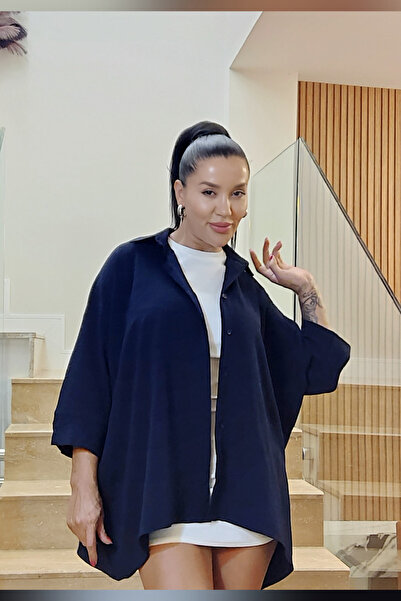 asalya Kadın Lacivert Oversize Büyük Beden Aerobin Keten Gömlek