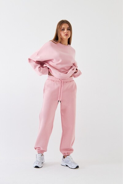 The Champ Clothing Unisex Oversize Eşofman Takımı Basic Pembe – Bisiklet Yaka, Lastikli Paça, 3 İplik Şardonlu Polar