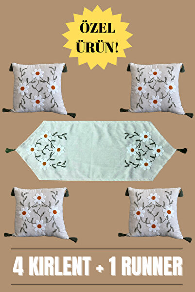 e-Bizz Store Punch Nakışlı 5'li Zarafet Seti – 4 Adet Kırlent & 1 Adet Runner | Şık & Dekoratif