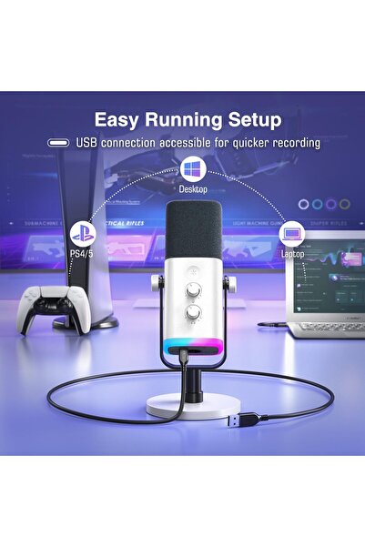 Fifine AM8W Professional Microphone, USB/XLR Connection, RGB Lighting, White