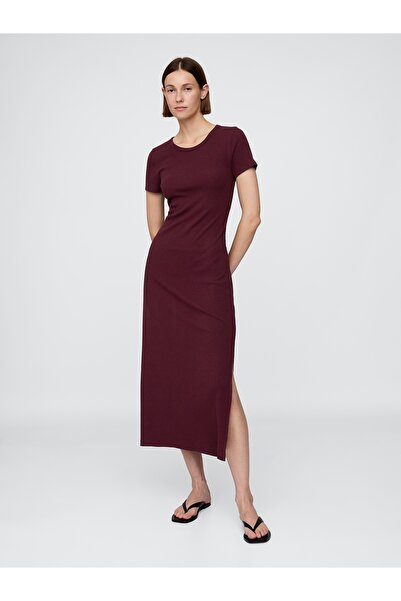 GAP Kadın Bordo Modern Fitilli Maxi T-Shirt Elbisesi