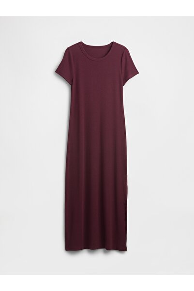 GAP Kadın Bordo Modern Fitilli Maxi T-Shirt Elbisesi