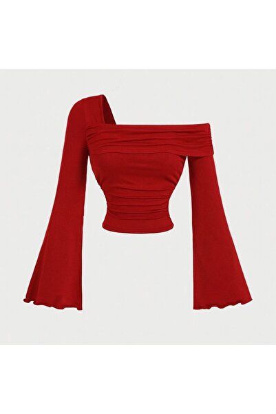 peri tower New Product Women's One Shoulder Drawstring Detail Spanish Sleeve Blouse 0037