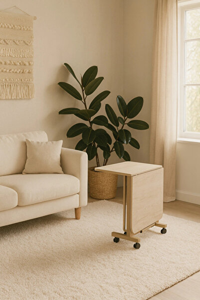 Evistro Katlanır Portatif Tekerlekli Mutfak Masa Sandalye Takımı Bej