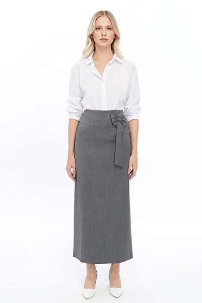 Genel Markalar Apsen Kadın Gri Mevsimlik fiyonk Detaylı Uzun Kalem Etek 2093-95