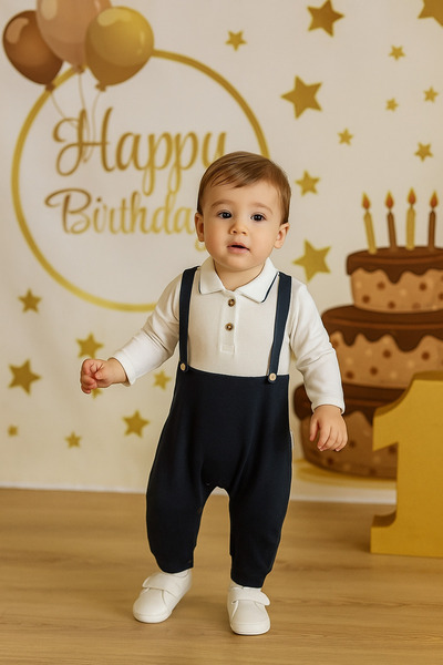 MBK GARDEN White and Navy Blue One-Piece Baby Romper with Straps (6-18 Months)