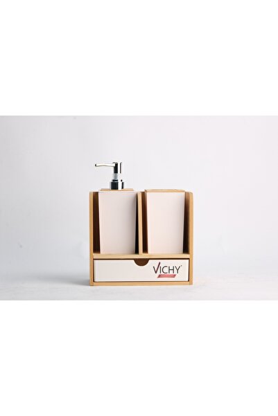 Vichy Πλαστικό σετ μπάνιου με βάση μπαμπού – Δοχείο υγρού σαπουνιού, θήκη οδοντόβουρτσας και οργανωτής με συρτάρια UR-3523
