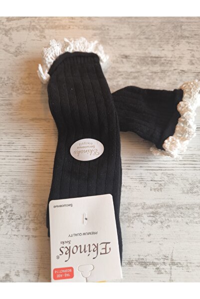 Ekinoks Girl's Knee-High Socks Cotton Ribbed Lace Scented Breathable Anti-Sweat Single Black