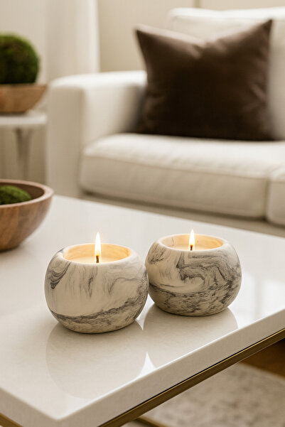 7Light Mermer Desenli 2 Adet Beton Dekoratif Mum