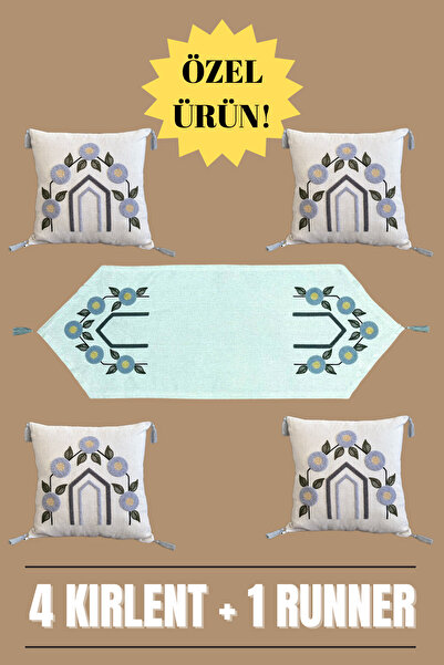 e-Bizz Store Punch Nakışlı 5'li Zarafet Seti – 4 Adet Kırlent & 1 Adet Runner | Şık & Dekoratif