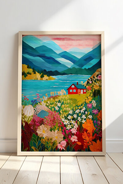 Opak Design Mountain Artwork– Αφηρημένο σπίτι και θαλάσσιο τοπίο Πίνακας τοίχ...