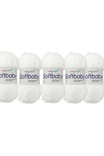 Ladylana Softbaby (Velvet-Chenille) Hand Knitting Yarn 501 White (5 Skeins)
