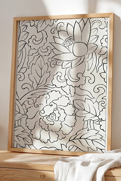 Opak Design Γραμμικός πίνακας Japandi Lotus Flower με φυσικό ξύλινο πλαίσιο