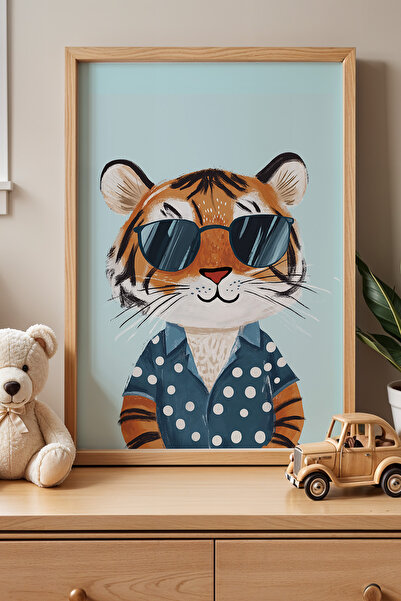 HİGUERA Cool Gözlüklü Kaplan Çocuk Odası Doğal Ahşap Çerçeveli Duvar Tablosu