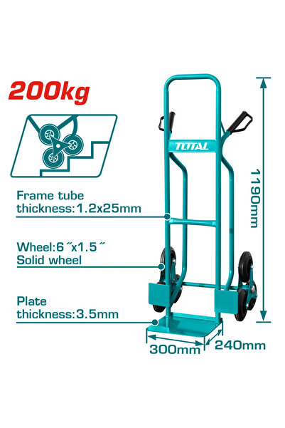 TOTAL 3-Wheel Stair Climbing Hand Trolley – 200kg Capacity, Solid Wheels, Heavy-Duty Design-THTHT20461