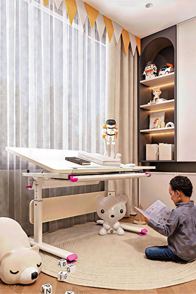 Creo Mobili Vega Simple Kız Çocuk Odası Çalışma Masası Yükseklik ve Eğim Ayarlı Masa - 130x70 Cm, Ekru/Fuşya