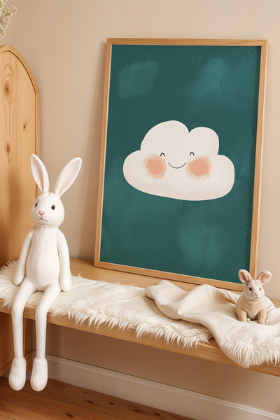 HİGUERA Παιδικό δωμάτιο Cloud με πράσινο φόντο Πίνακας τοίχου με φυσικό ξύλιν...