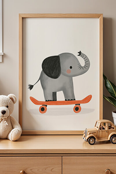 HİGUERA Πορτοκαλί Skateboard Elephant Παιδικό Δωμάτιο Πίνακας τοίχου με φυσικ...