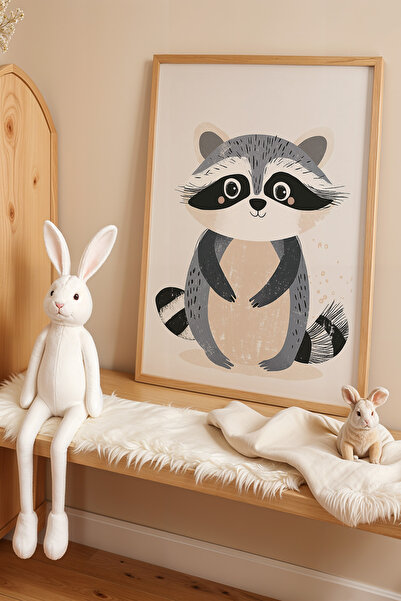 HİGUERA Ασπρόμαυρο Σχέδιο Παιδικό Δωμάτιο Raccoon Πίνακας τοίχου με φυσικό ξύ...