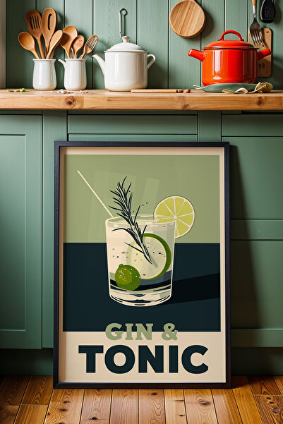 Opak Design Κομψό Gin & Tonic Εικονογράφηση Κουζίνας Ξύλινο Πλαίσιο Τοίχου