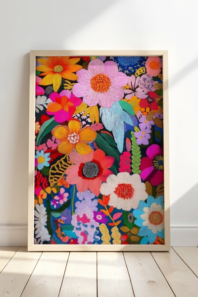 Opak Design Boho Spring Flower ζωγραφική τοίχου με φυσικό ξύλινο πλαίσιο