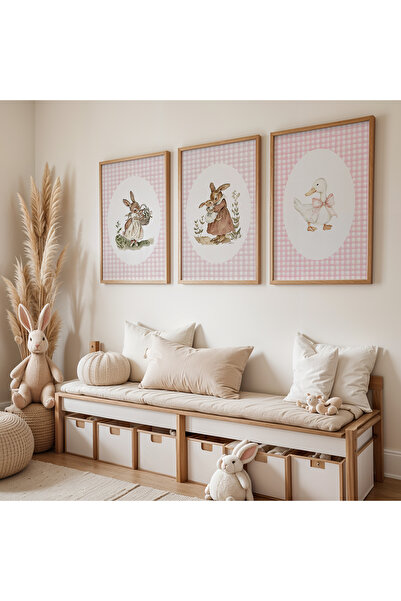Opak Design Vintage Tarz Tavşanlar Ve Ördek Doğal Ahşap Çerçeveli Çocuk ve Be...