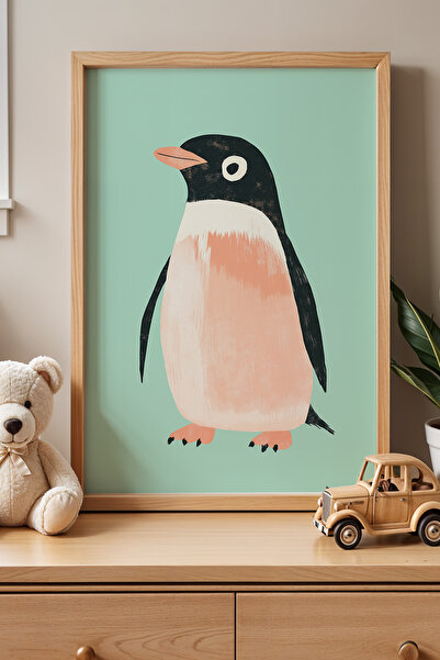 HİGUERA Πίνακας τοίχου με φυσικό ξύλινο πλαίσιο για παιδικό δωμάτιο Cute Peng...