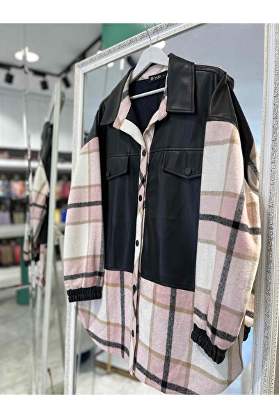 MERAM BUTİK جاكيت نارس جلدي مزين بالخشب - بودرة - 3