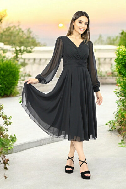 FaBe Fashion Uzun Kollu Sırtı Kapalı Kruvaze Yaka Midi Şifon Elbise