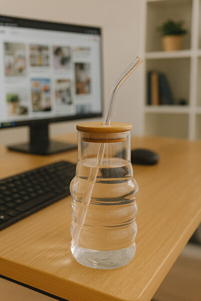 ERKUGO Bambu Kapaklı Motivasyon Cam Bardak / Suluk, 900 ml, Pipet Hediyeli