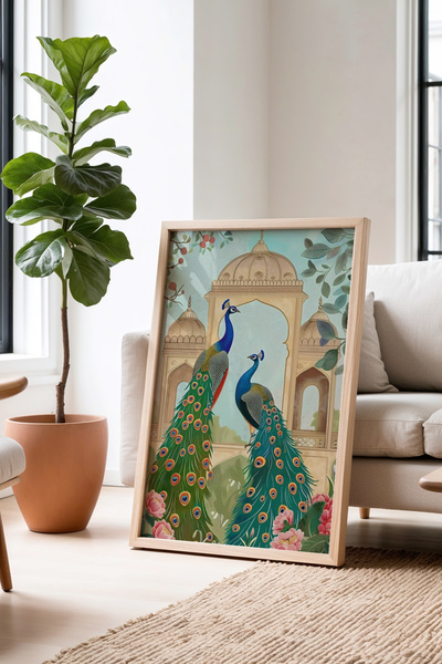 Opak Design Πολύχρωμο έργο τέχνης Peacock Ζωγραφική τοίχου με φυσικό ξύλινο π...