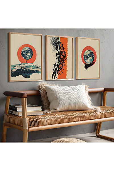 Opak Design Σετ ζωγραφικής τοίχου με τριπλό πλαίσιο από φυσικό ξύλο Abstract ...