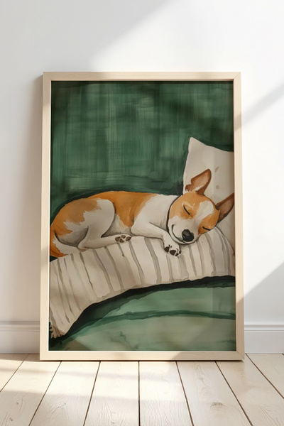 Opak Design Battaniye İçinde Köpek Sanat Baskısı Ahşap Çerçeveli Duvar Tablosu