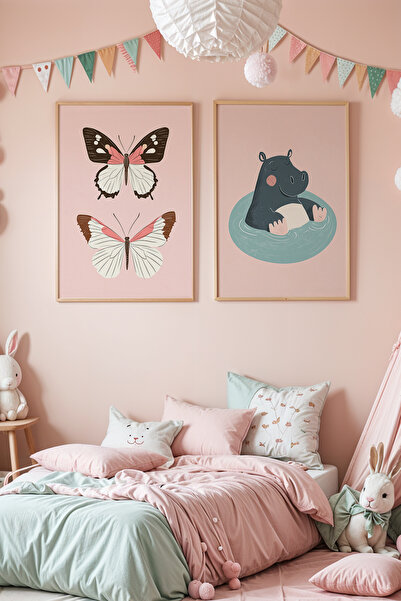 HİGUERA Πίνακας τοίχου με ξύλινο πλαίσιο 2 τεμαχίων Cute Hippo and Butterflie...