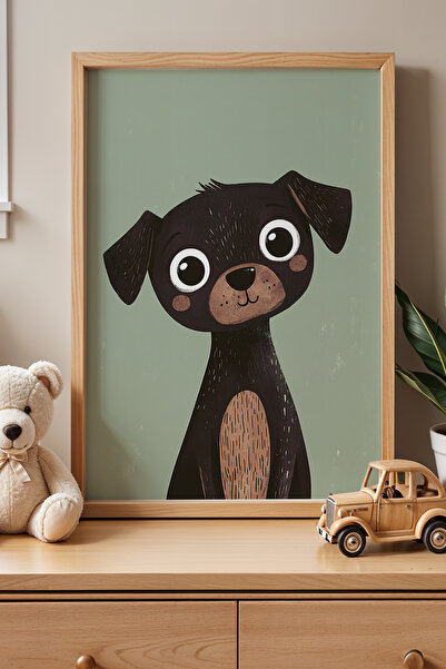 HİGUERA Καφέ Παιδικό Δωμάτιο Μωρό Σκύλος Πίνακας τοίχου με φυσικό ξύλινο πλαίσιο