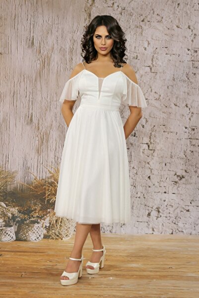 FaBe Fashion İp Askılı Kalp Yaka Kolları Valonlu Beyaz Simli Tül Midi Elbise